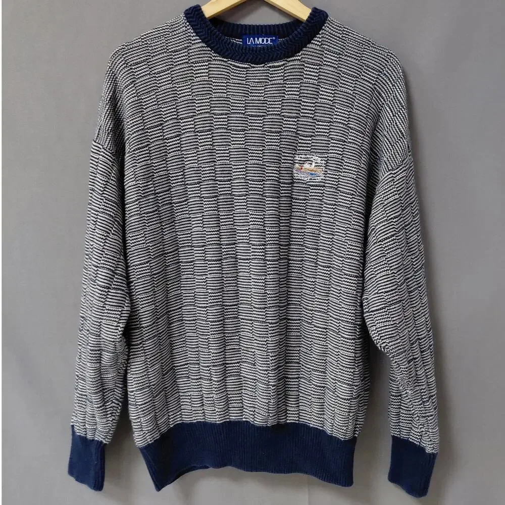 LA Mode Gray Embroidered Knit Geometric Pullover Sweater Men Size M